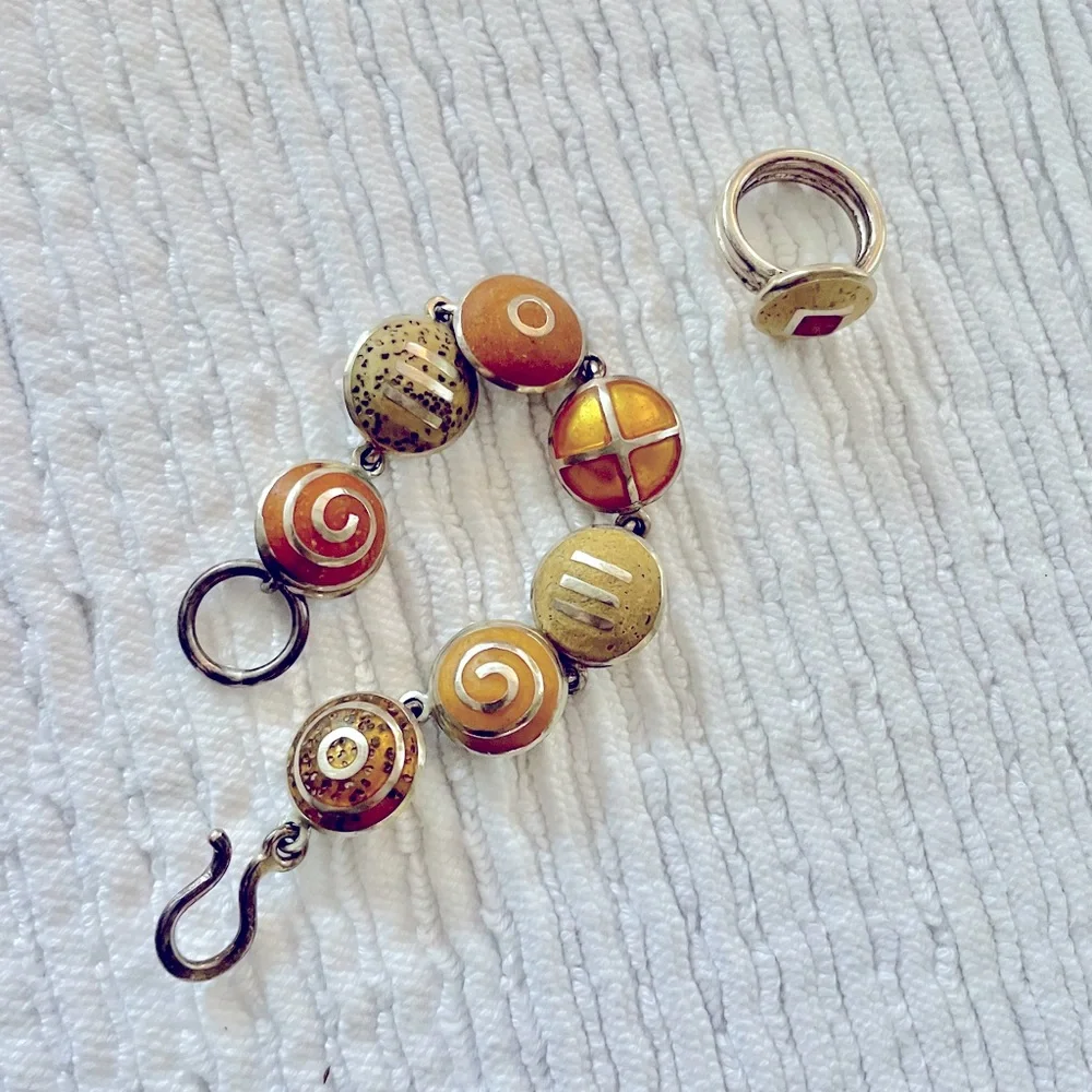 GORGEOUS Artist-Made Bracelet & Matching Ring - Yellow and Orange Set on‎ Silver